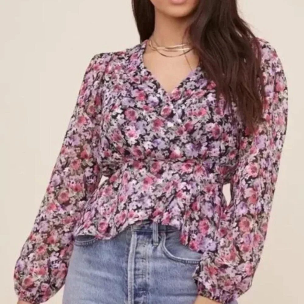 ASTR the label Sz S Lilac AOP Floral Peplum Wrap Front Blouse Peasant Puff Women